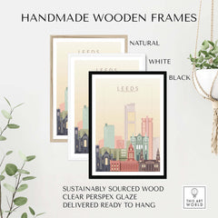 Handmade wooden frames in natural, white, and black for Leeds Print Skyline Wall Art, sustainably sourced and ready to hang.