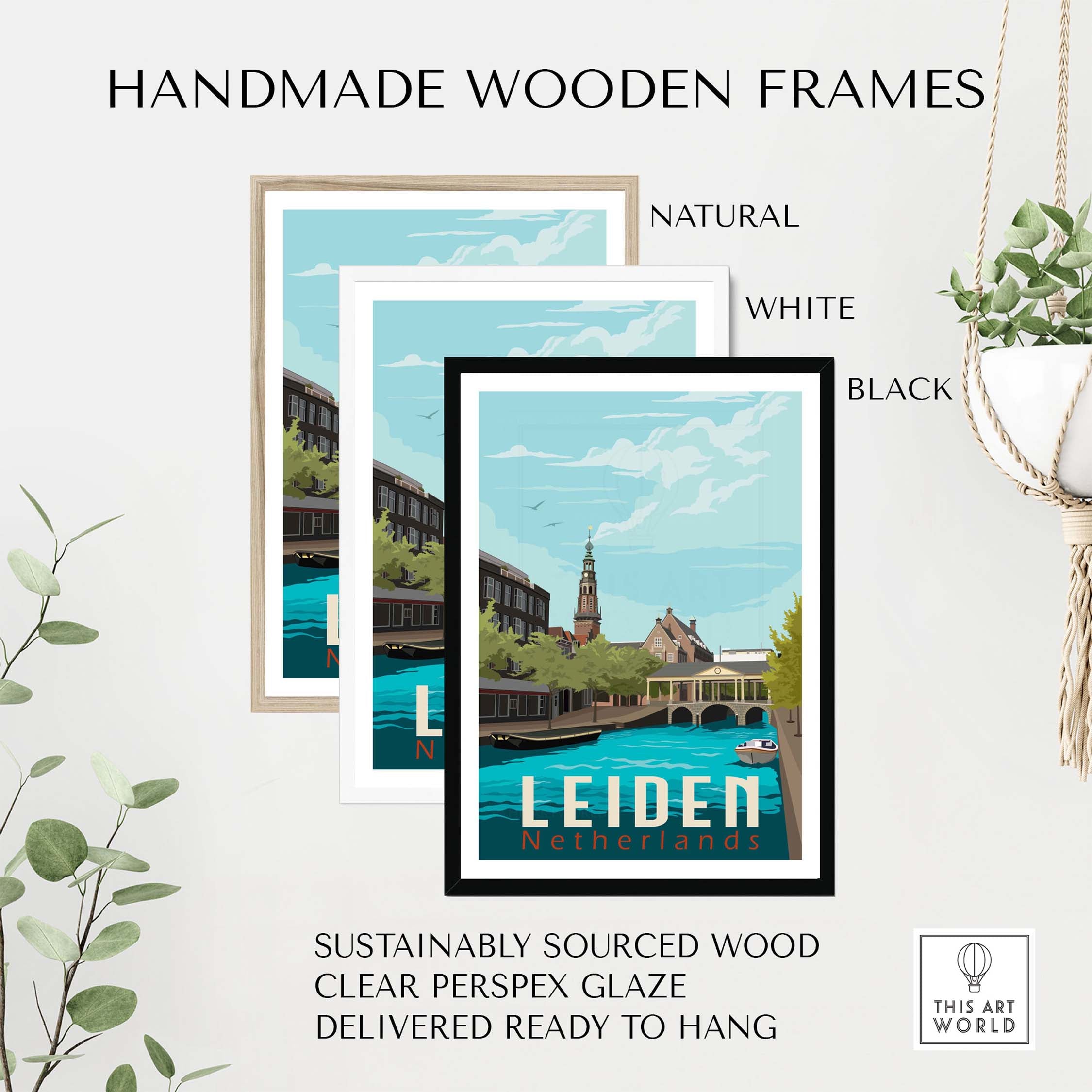 Handmade wooden frames for Leiden Netherlands print in natural, white, and black colors, sustainably sourced and ready to hang.