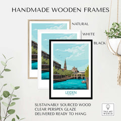 Leiden poster framed in natural, white, and black wood frames showcasing sustainable art for home decor.