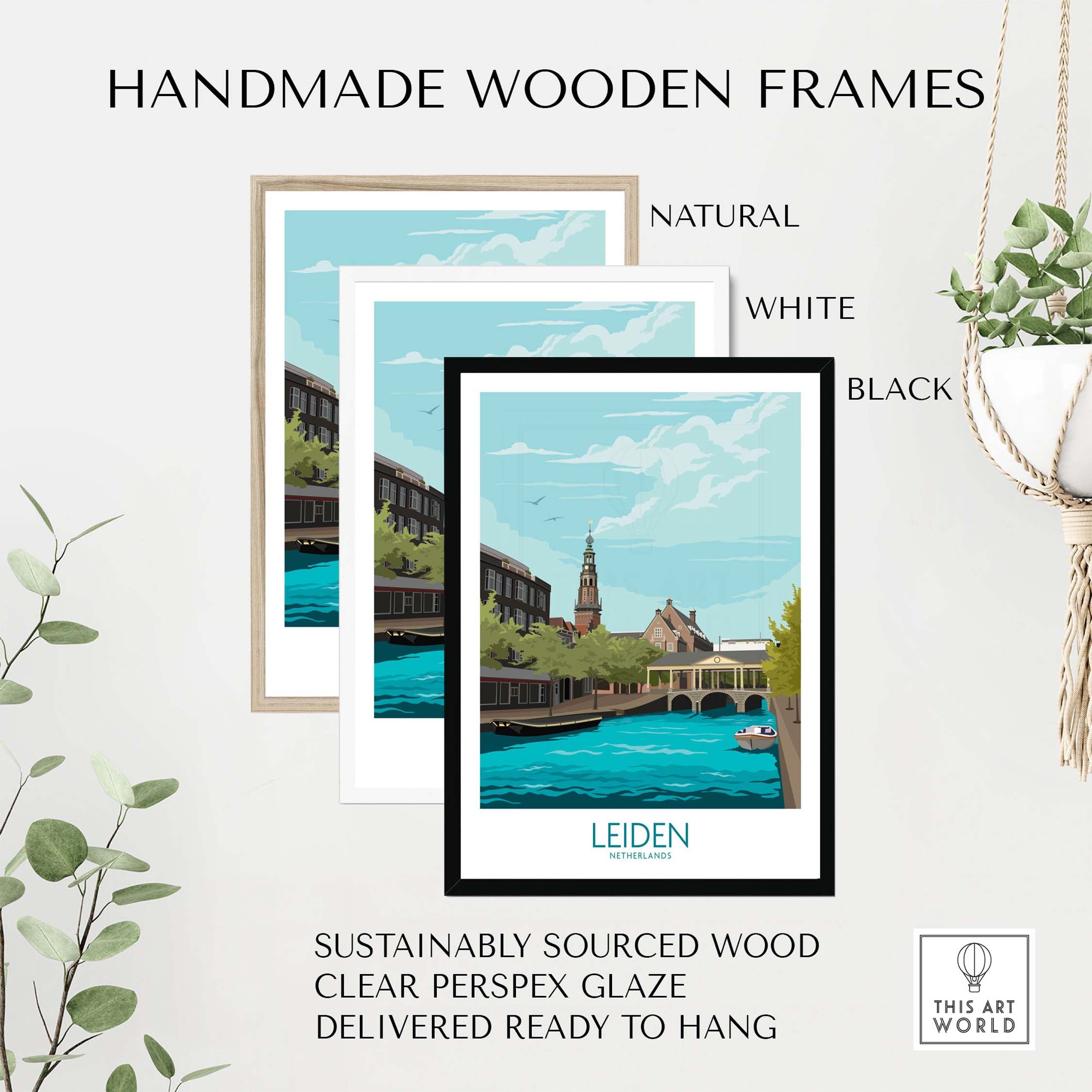 Leiden poster framed in natural, white, and black wood frames showcasing sustainable art for home decor.
