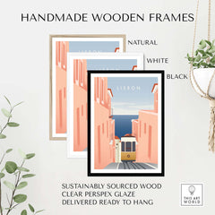 Handmade wooden frames in natural, white, and black for Lisbon Wall Art Poster, made from sustainably sourced wood.