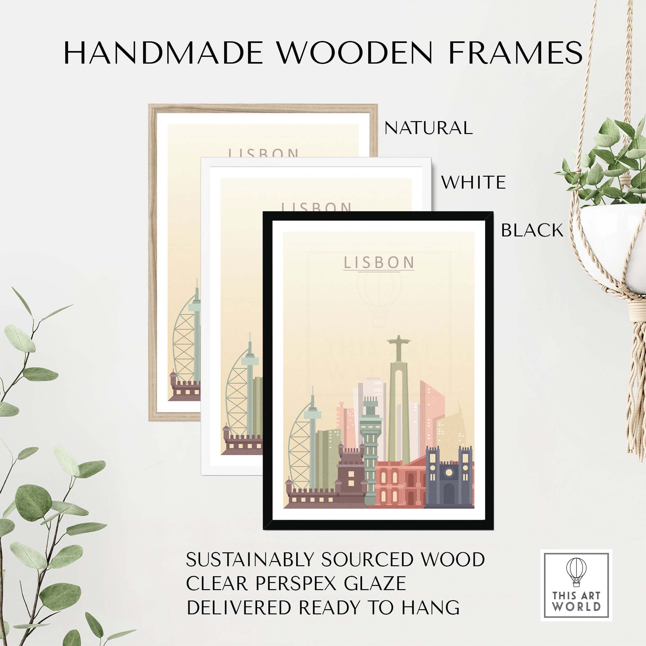 Handmade wooden frames for Lisbon skyline print, available in natural, white, and black finishes.