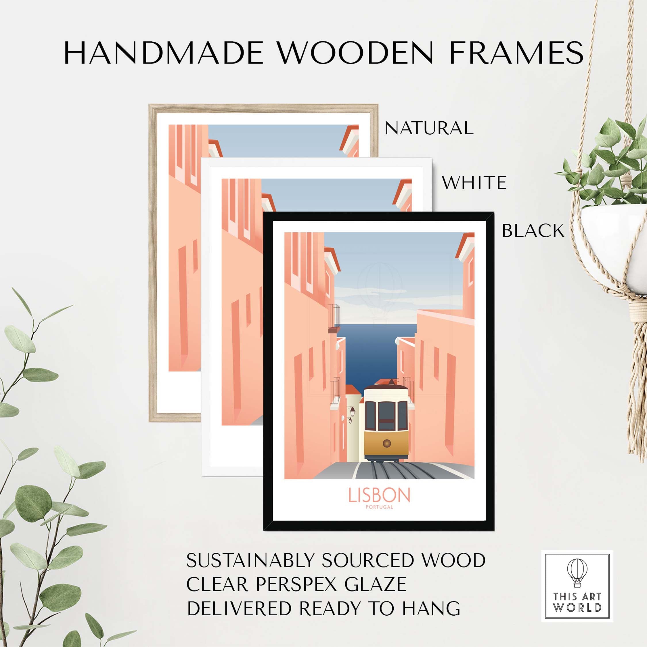 Lisbon wall art poster prints in natural, white, and black handmade wooden frames with clear perspex glaze.