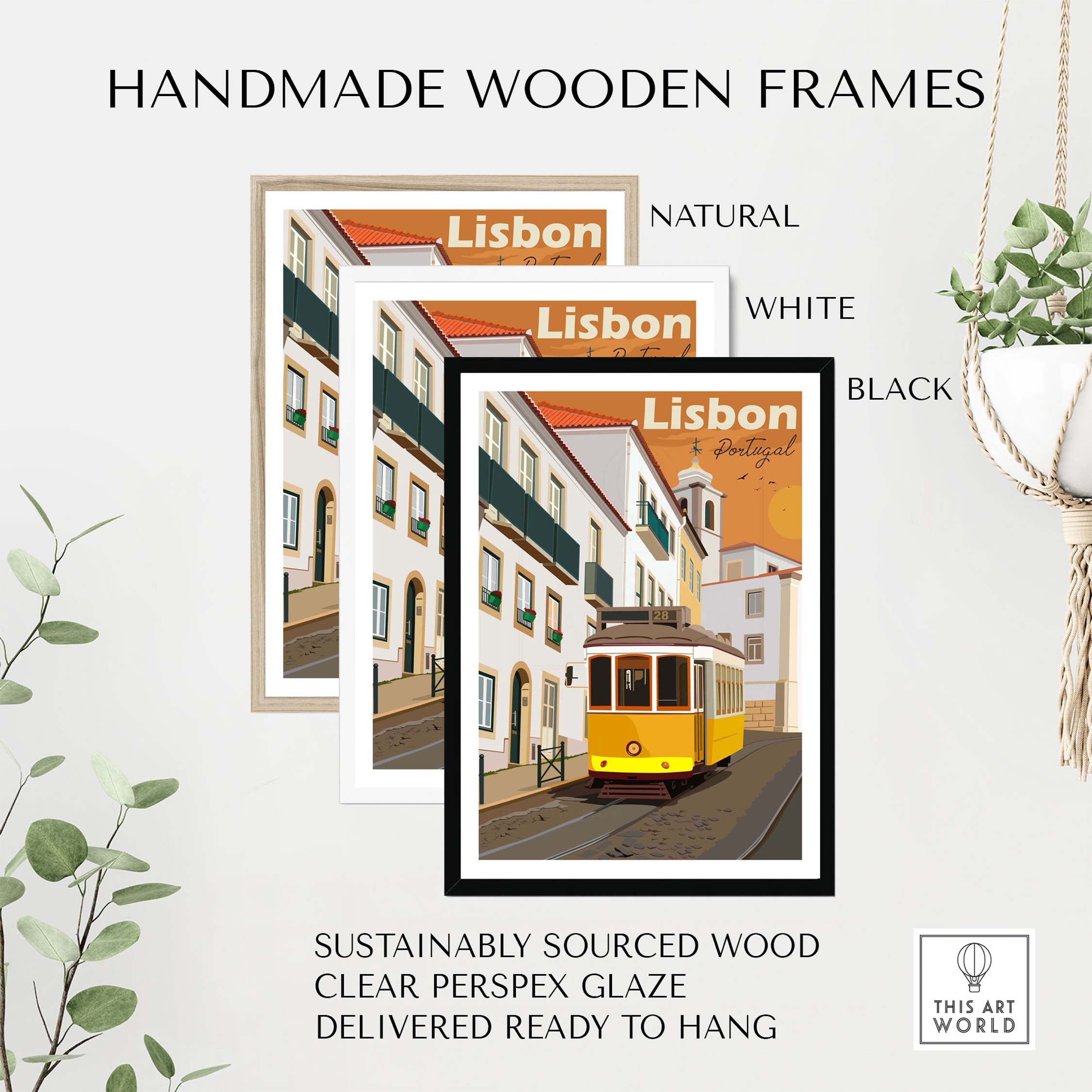 Handmade wooden frames in natural, white, and black for Lisbon vintage print poster wall art.