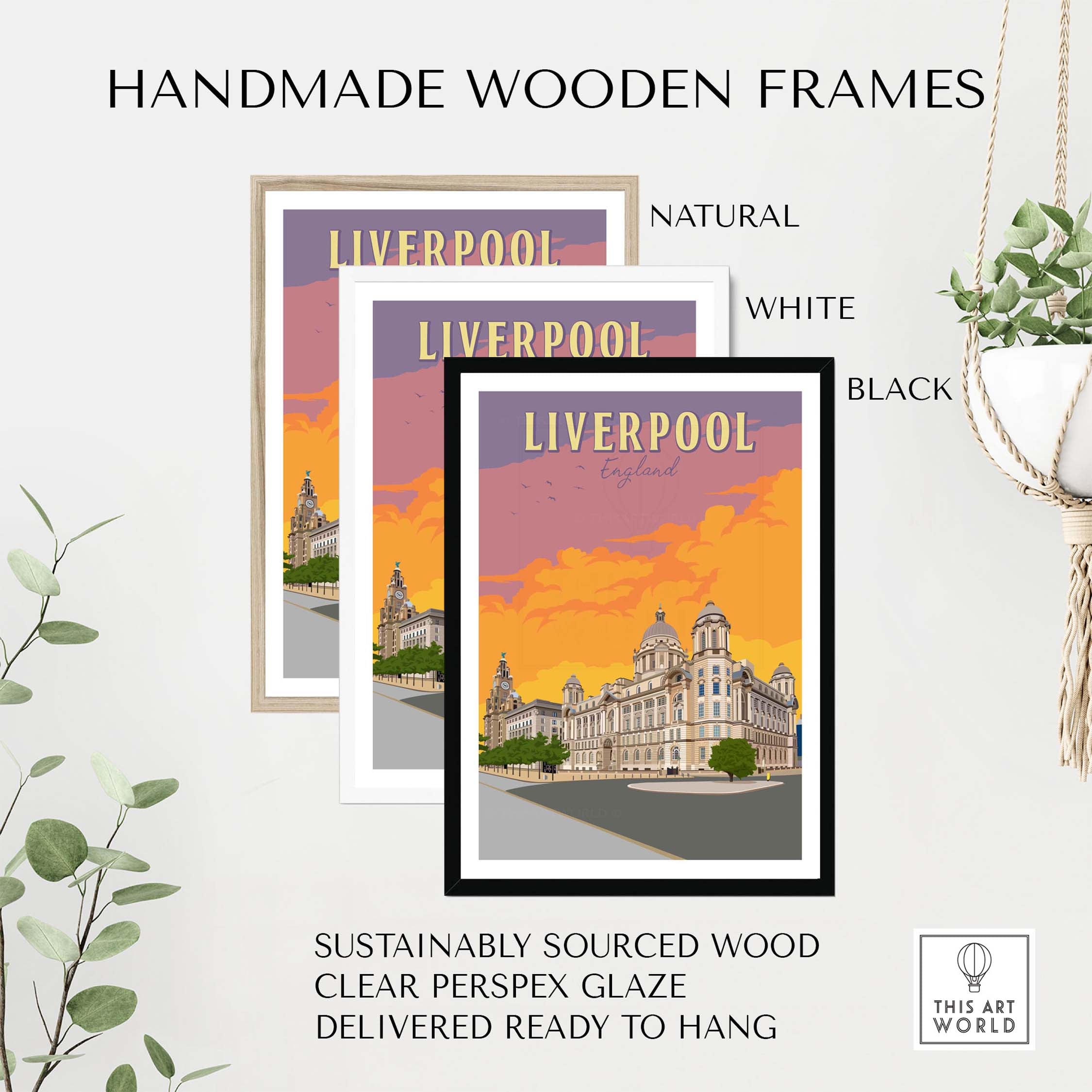 Handmade wooden frames for Liverpool poster in natural, white, and black finishes, made from sustainably sourced wood.
