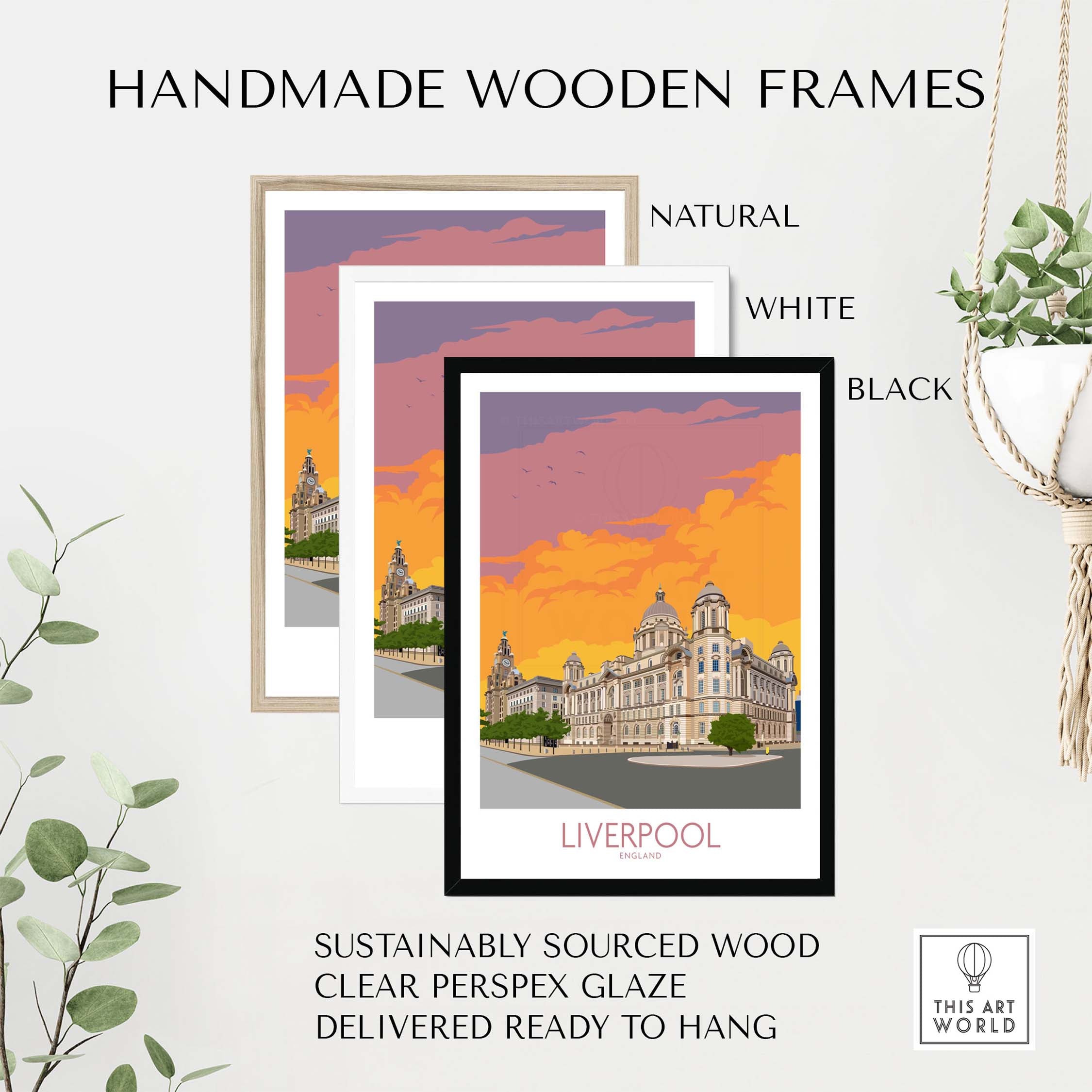 Handmade wooden frames in natural, white, and black colors displaying a vibrant Liverpool print, ready to hang.