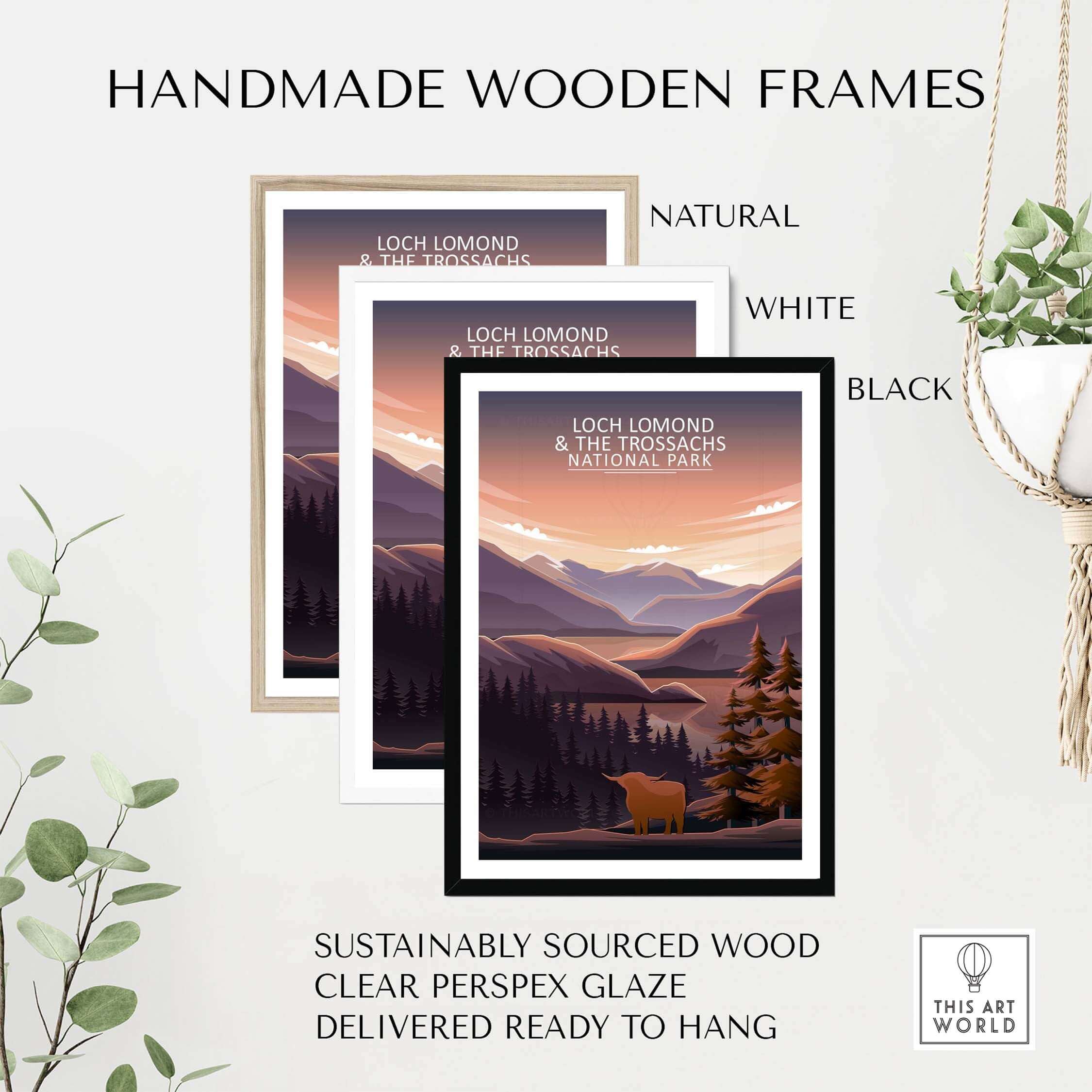 Three handmade wooden frames in natural, white, and black for Loch Lomond and The Trossachs National Park poster.