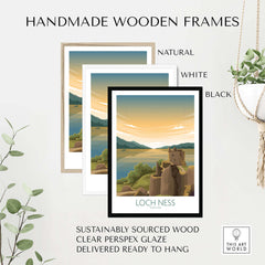Loch Ness Print in handmade wooden frames, featuring natural, white, and black options for wall art.