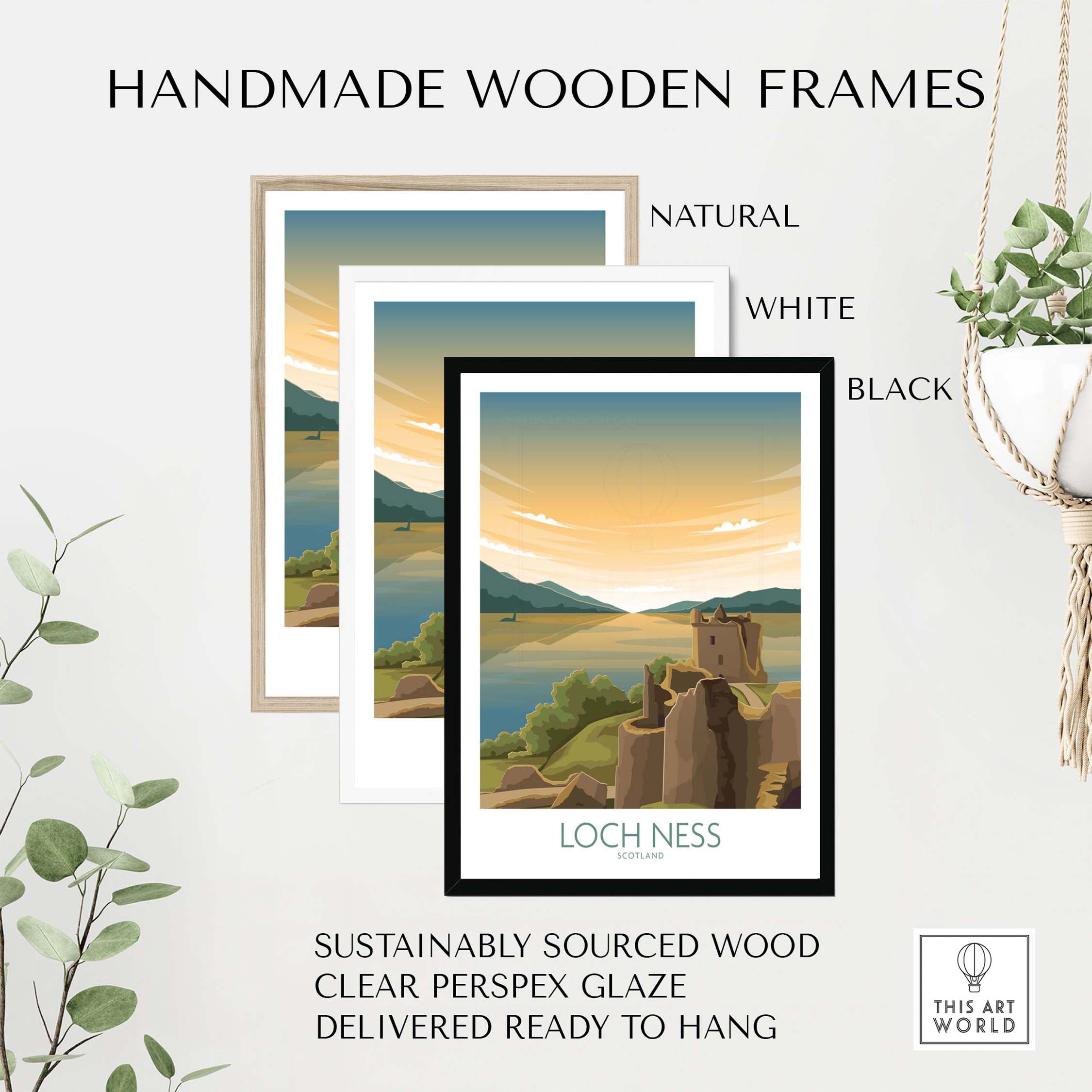 Loch Ness Print in handmade wooden frames, featuring natural, white, and black options for wall art.