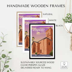 Three handmade wooden frames in natural, white, and black display a Logrono Spain Print, showcasing sustainable style.