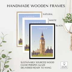 Handmade wooden frames for London wall art, sustainably sourced and ready to hang in natural, white, and black options.