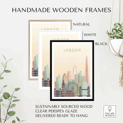 Handmade wooden frames for London skyline print in natural, white, and black finishes, sustainably sourced and ready to hang.