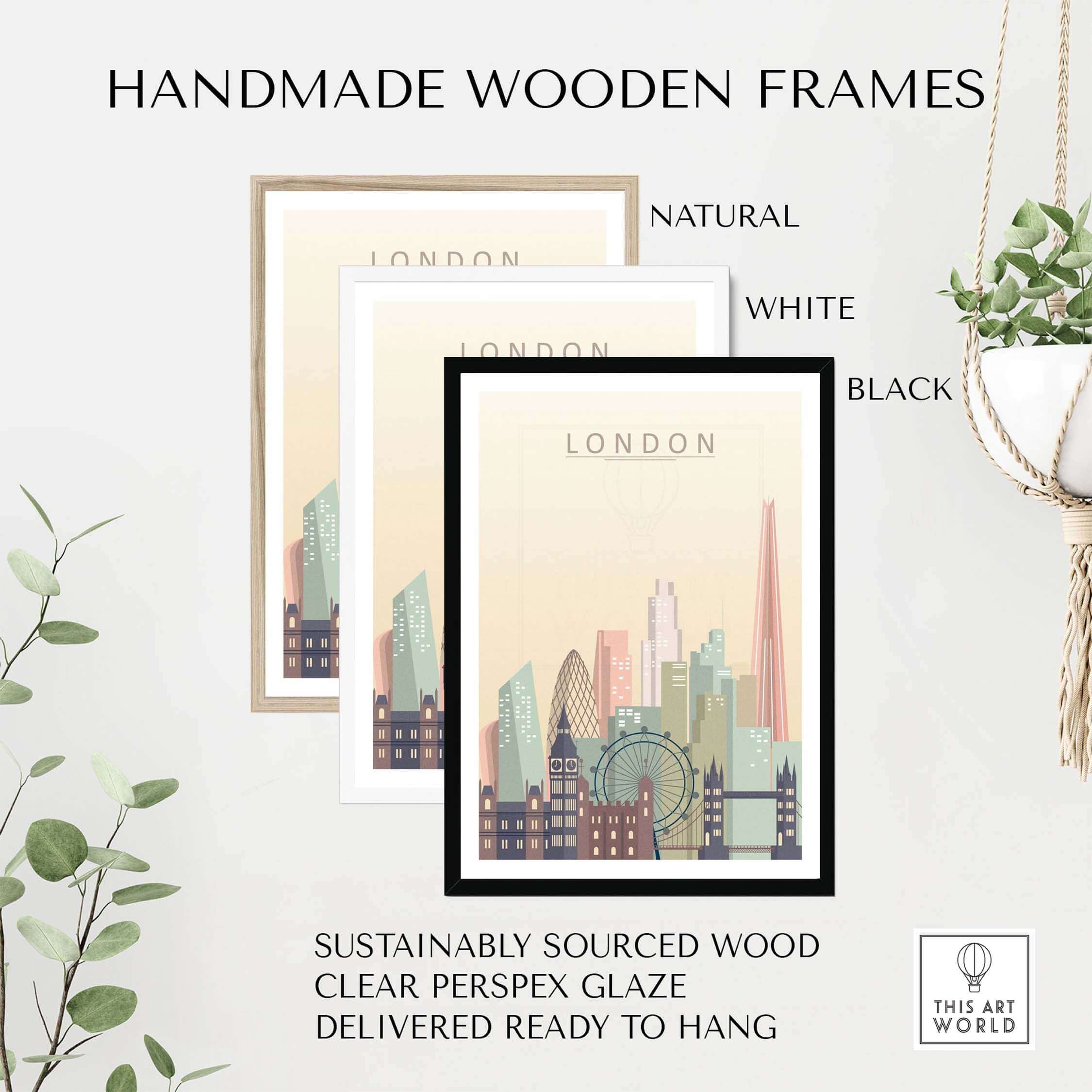 Handmade wooden frames for London skyline print in natural, white, and black finishes, sustainably sourced and ready to hang.