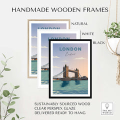 Handmade wooden frames in natural, white, and black for London travel poster print, sustainably sourced and ready to hang.