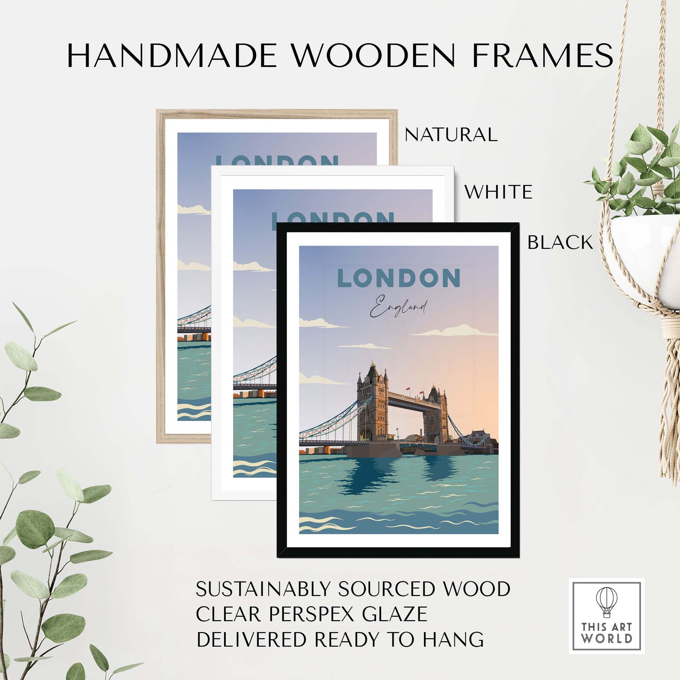Handmade wooden frames in natural, white, and black for London travel poster print, sustainably sourced and ready to hang.