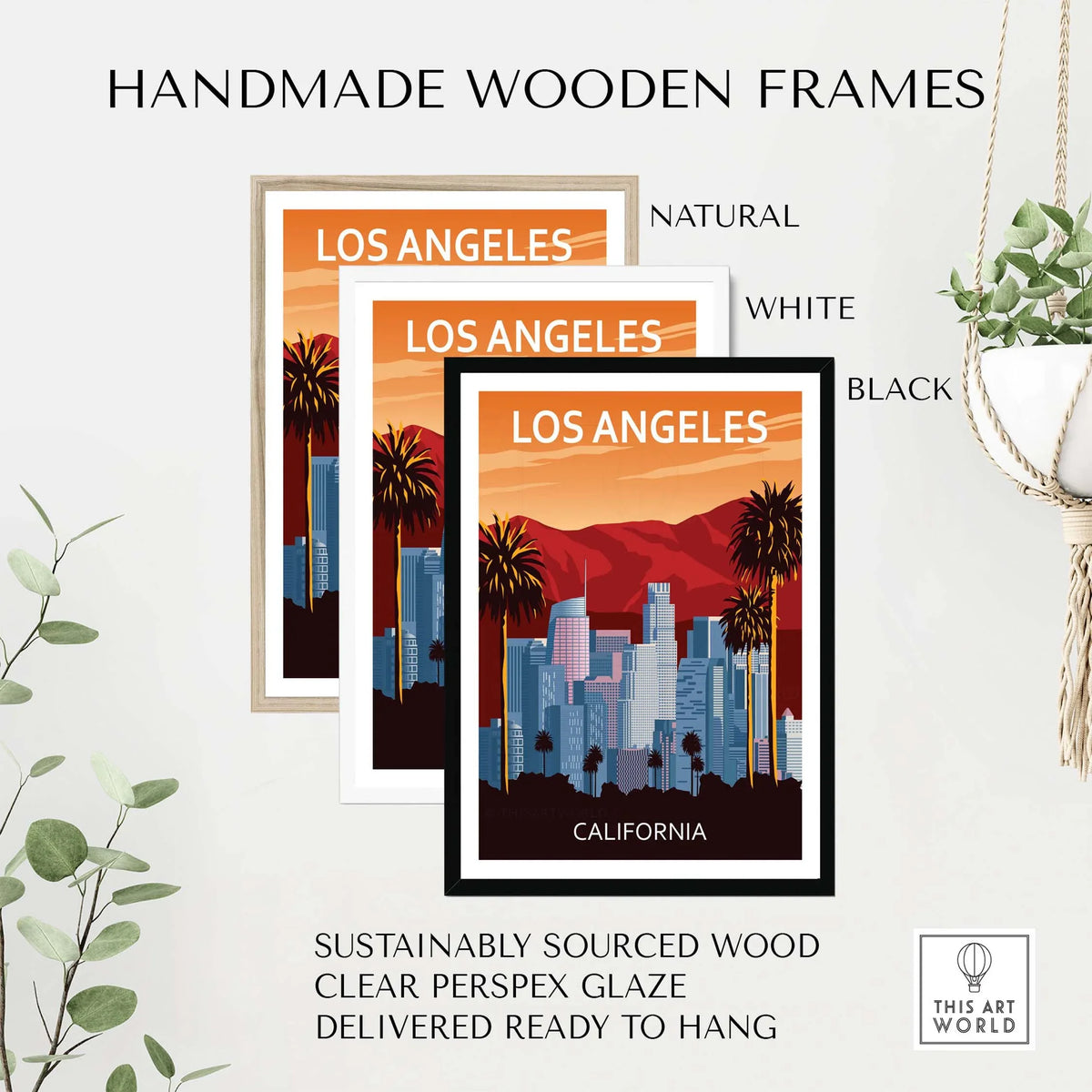 Handmade wooden frames for Los Angeles wall art print in natural, white, and black finishes.