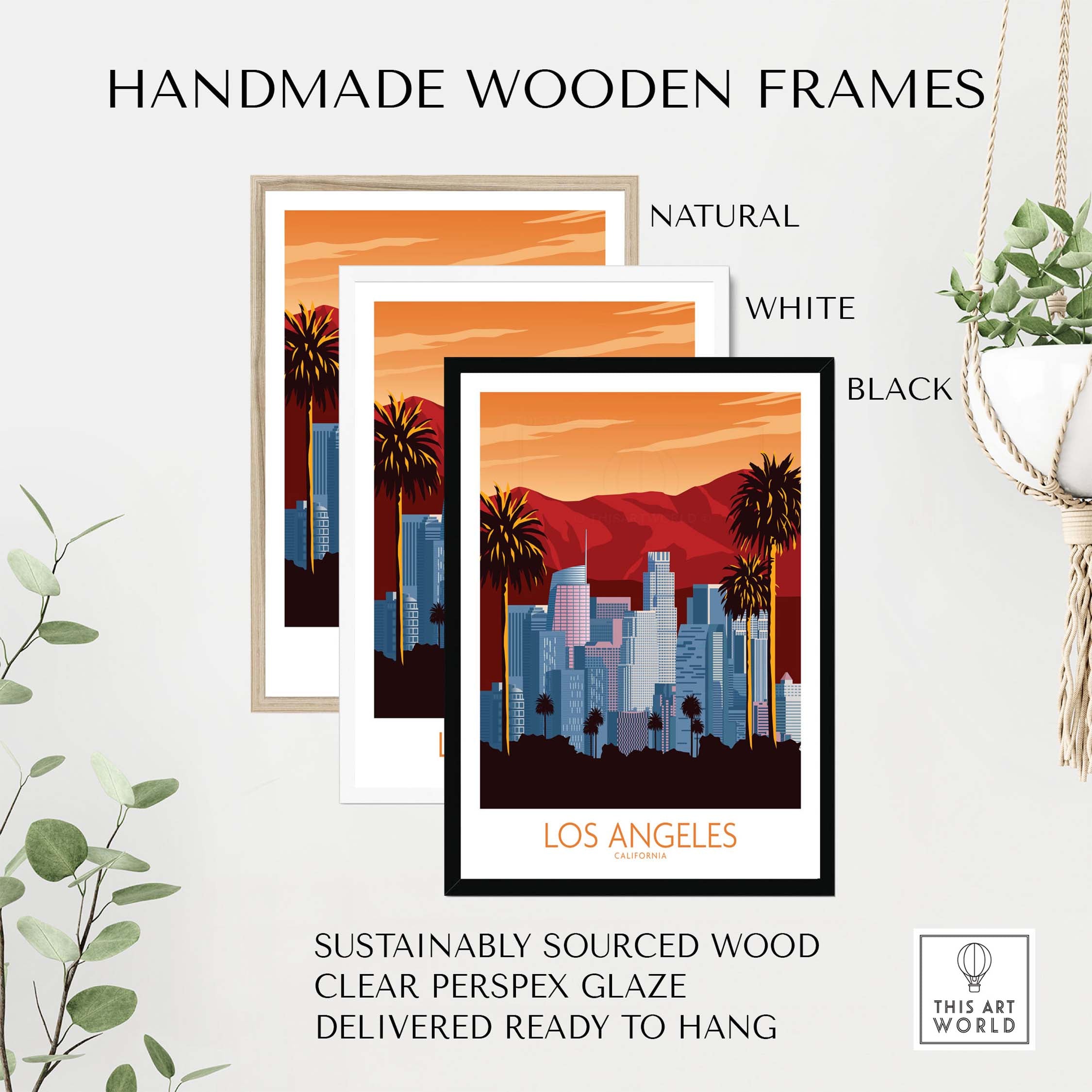 Handmade wooden frames showcasing Los Angeles poster print in natural, white, and black options.