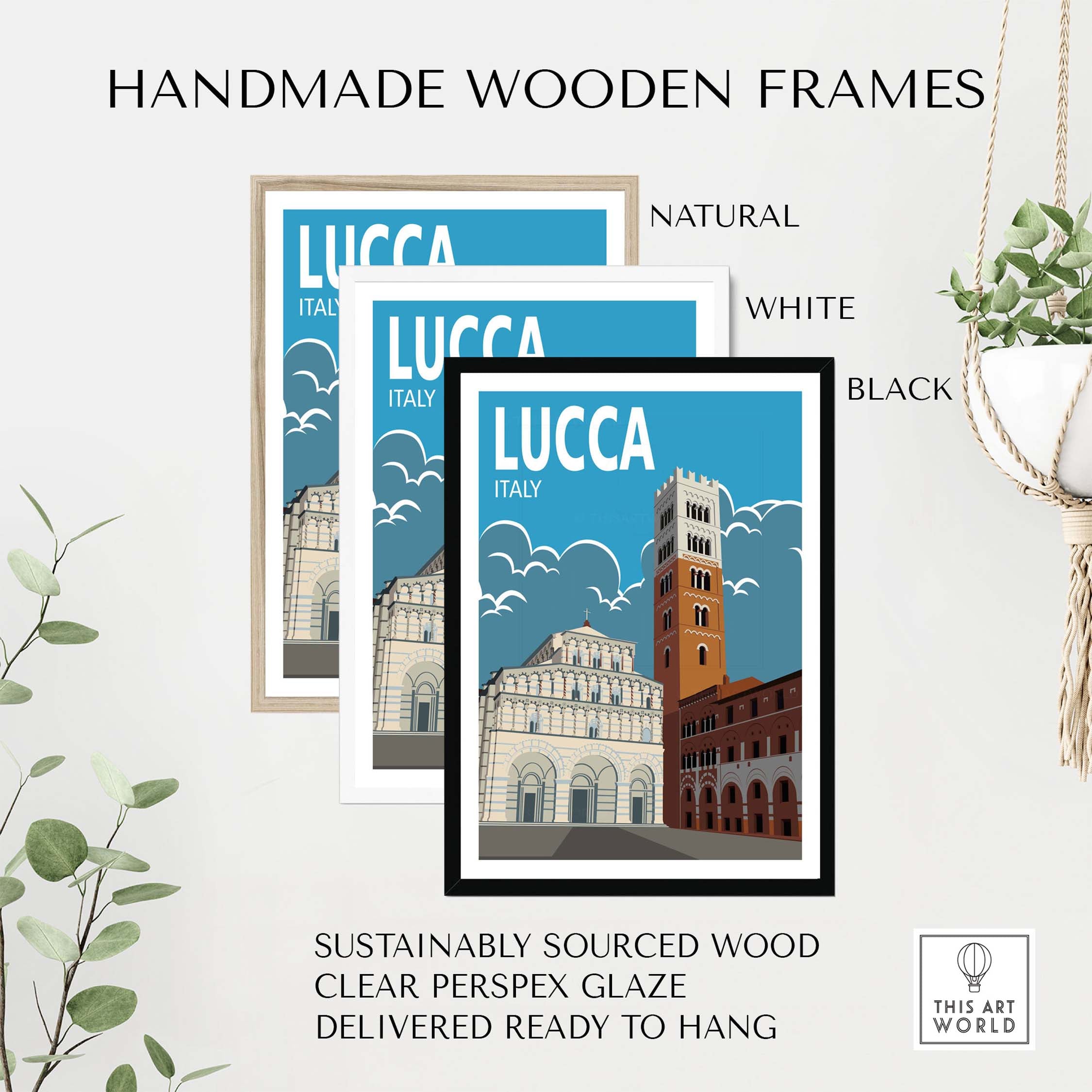 Handmade wooden frames in natural, white, and black for Lucca Italy art print, featuring sustainable materials and clear glaze.
