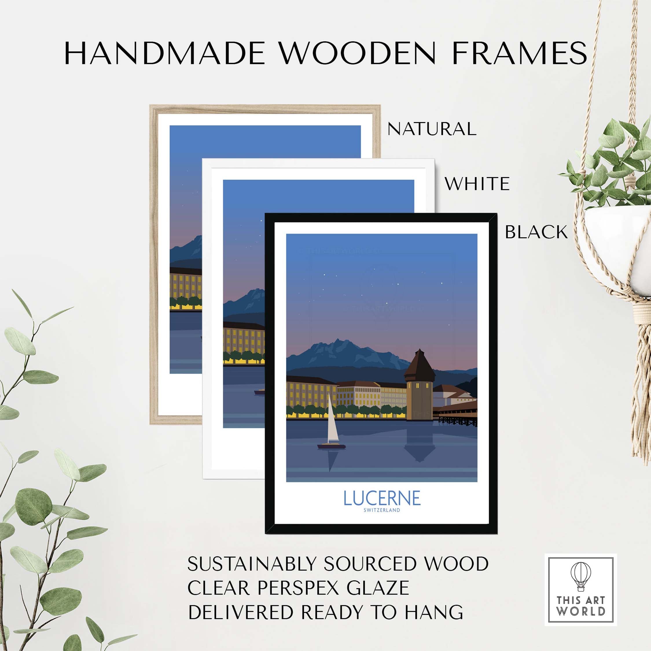 Handmade wooden frames in natural, white, and black for Lucerne Switzerland poster, sustainably sourced and ready to hang.