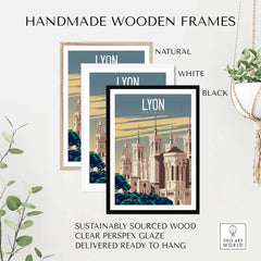 Handmade wooden frames in natural, white, and black for Lyon Print France Poster, sustainably sourced and ready to hang.