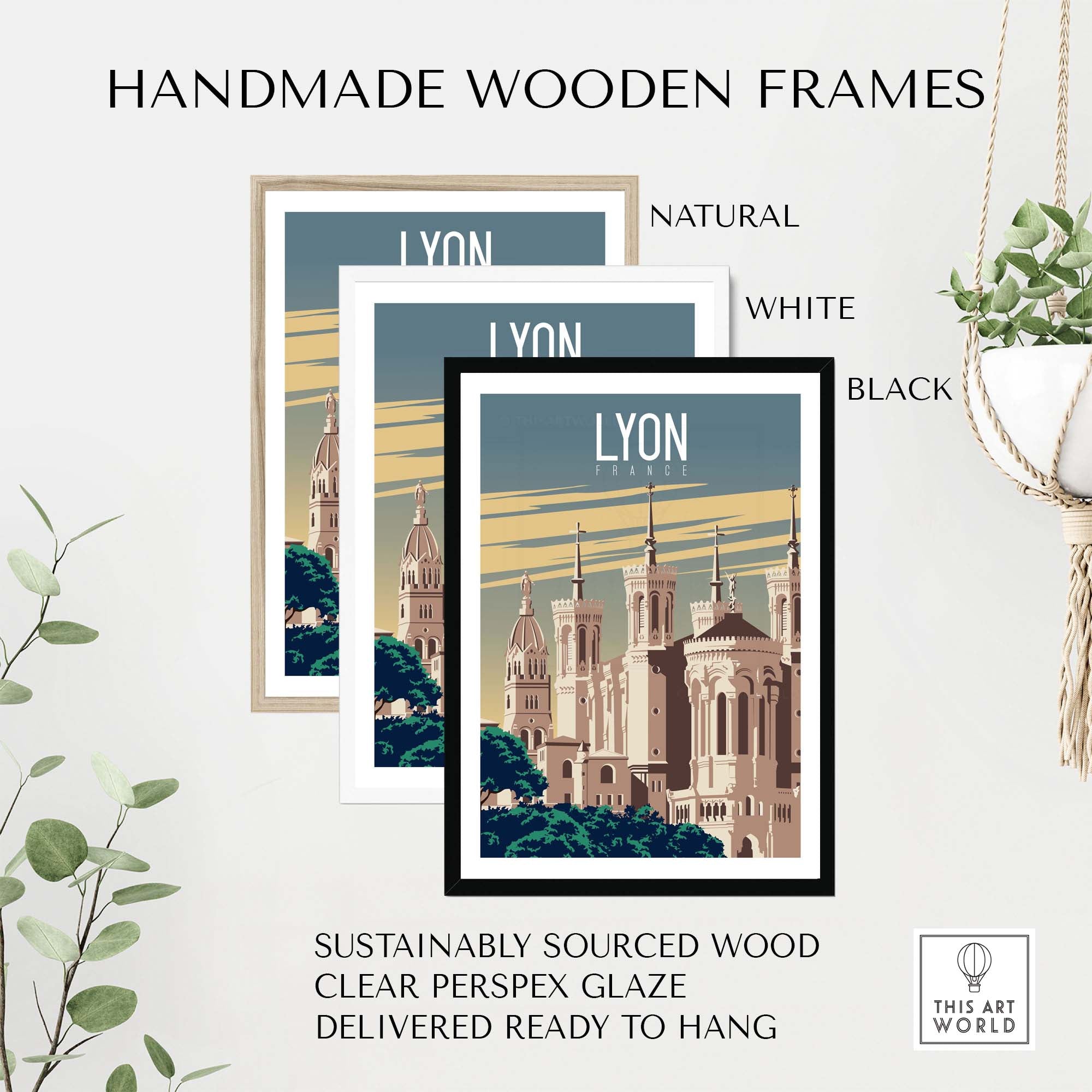 Handmade wooden frames in natural, white, and black for Lyon Print France Poster, sustainably sourced and ready to hang.