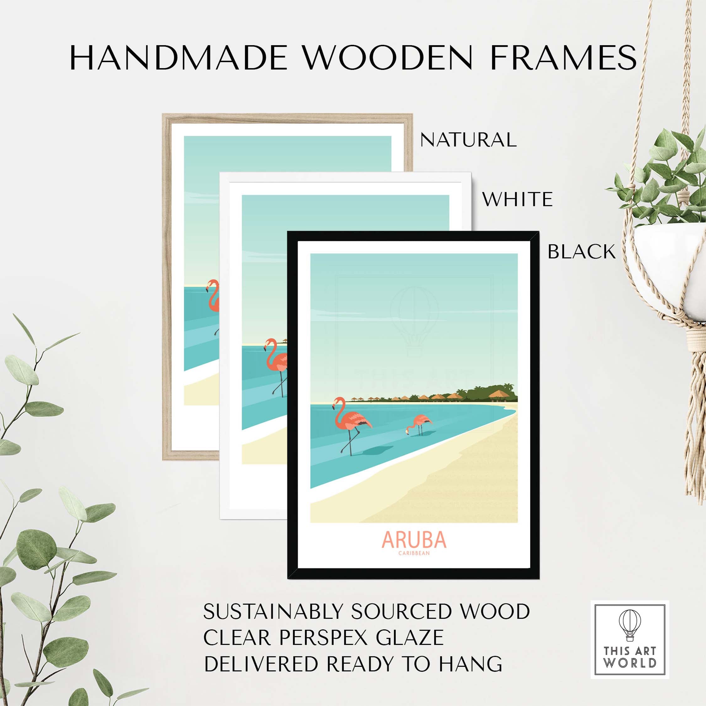 Handmade wooden frames in natural, white, and black for Aruba Caribbean Poster, made with sustainably sourced wood.