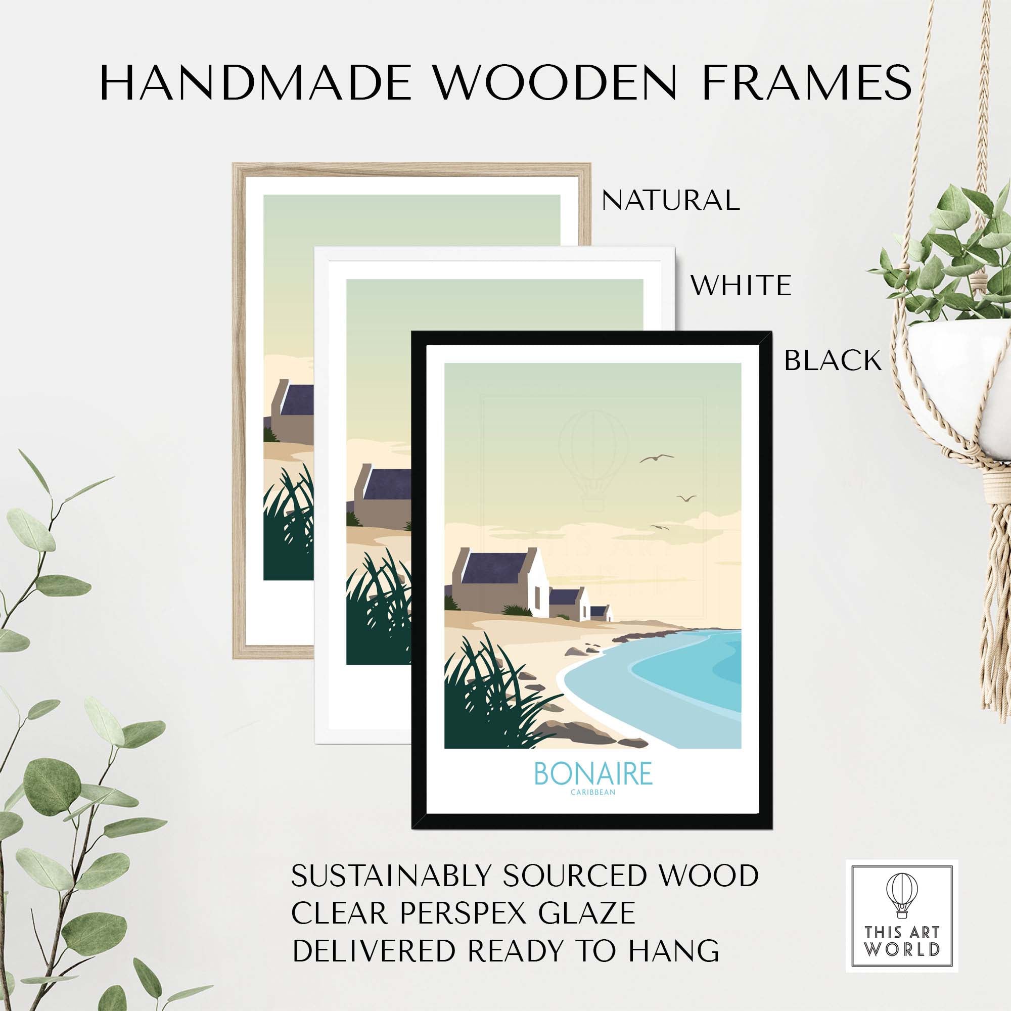 Three handmade wooden frames in natural, white, and black for Bonaire Wall Art Print, featuring sustainable materials.