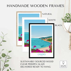Handmade wooden frames in natural, white, and black for Cannes Print, eco-friendly and ready to hang.