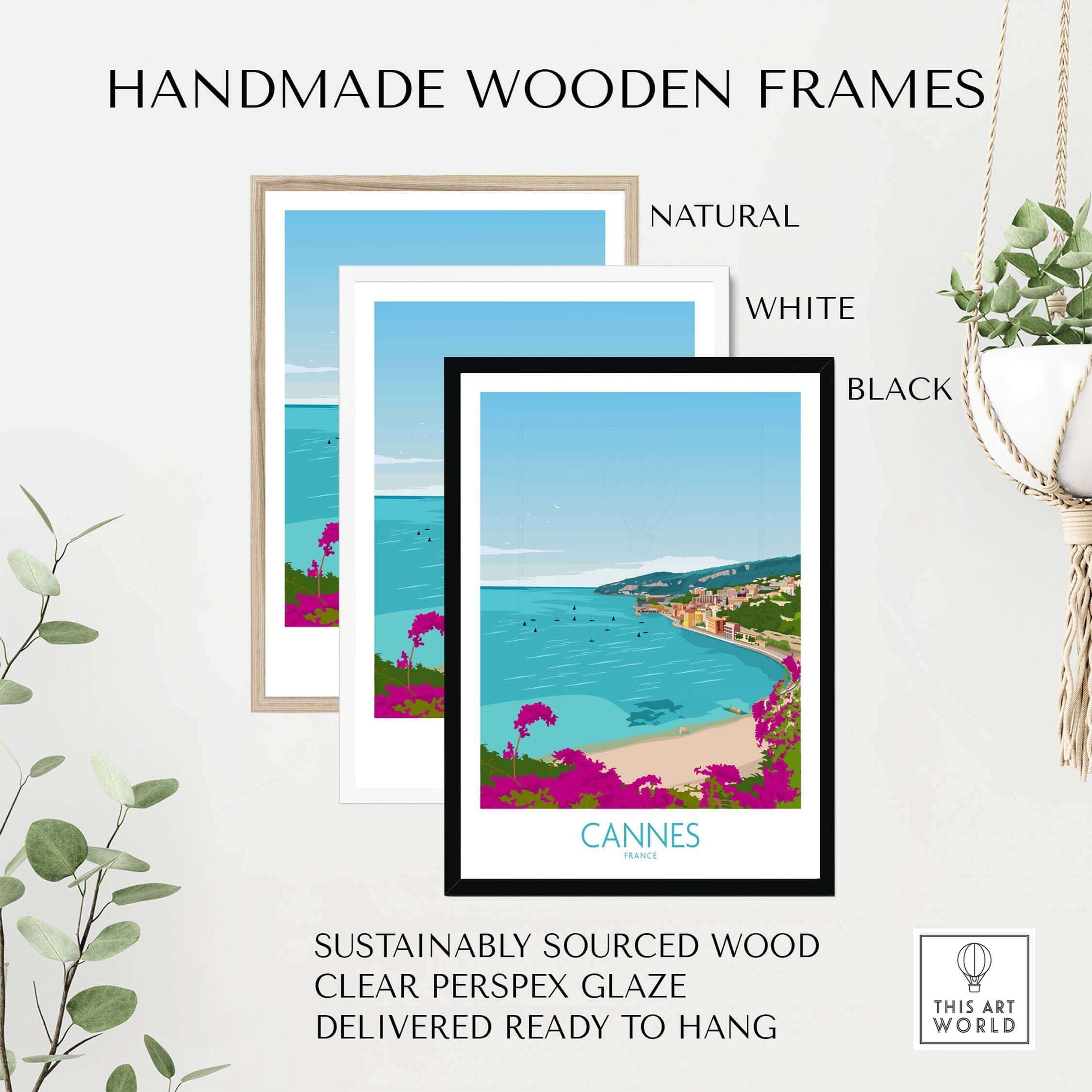 Handmade wooden frames in natural, white, and black for Cannes Print, eco-friendly and ready to hang.