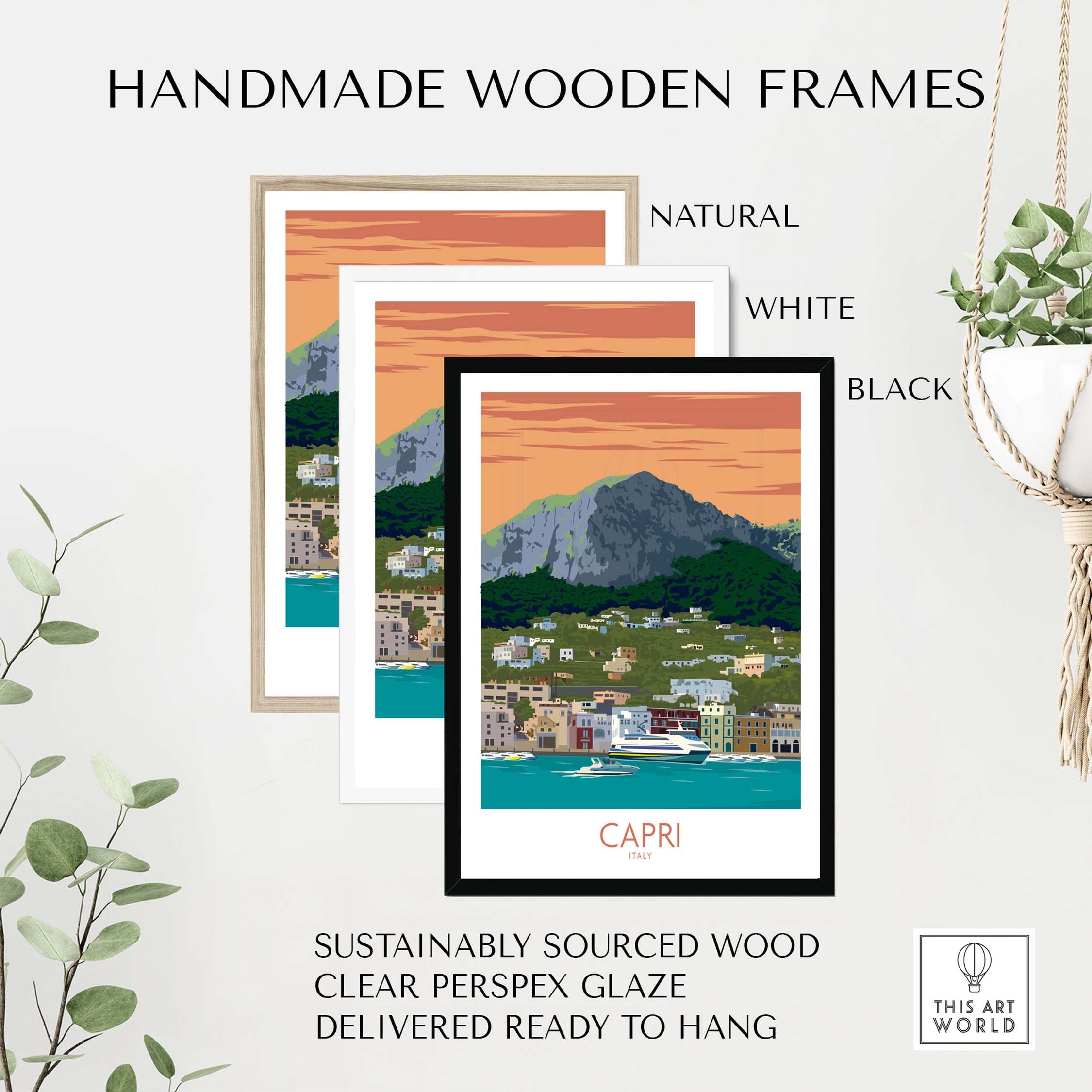 Handmade wooden frames in natural, white, and black for Capri Italy travel poster, sustainably sourced and ready to hang.