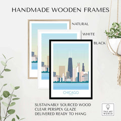 Chicago Skyline Print in handmade wooden frames, featuring natural, white, and black options, ready to hang for stylish home decor.