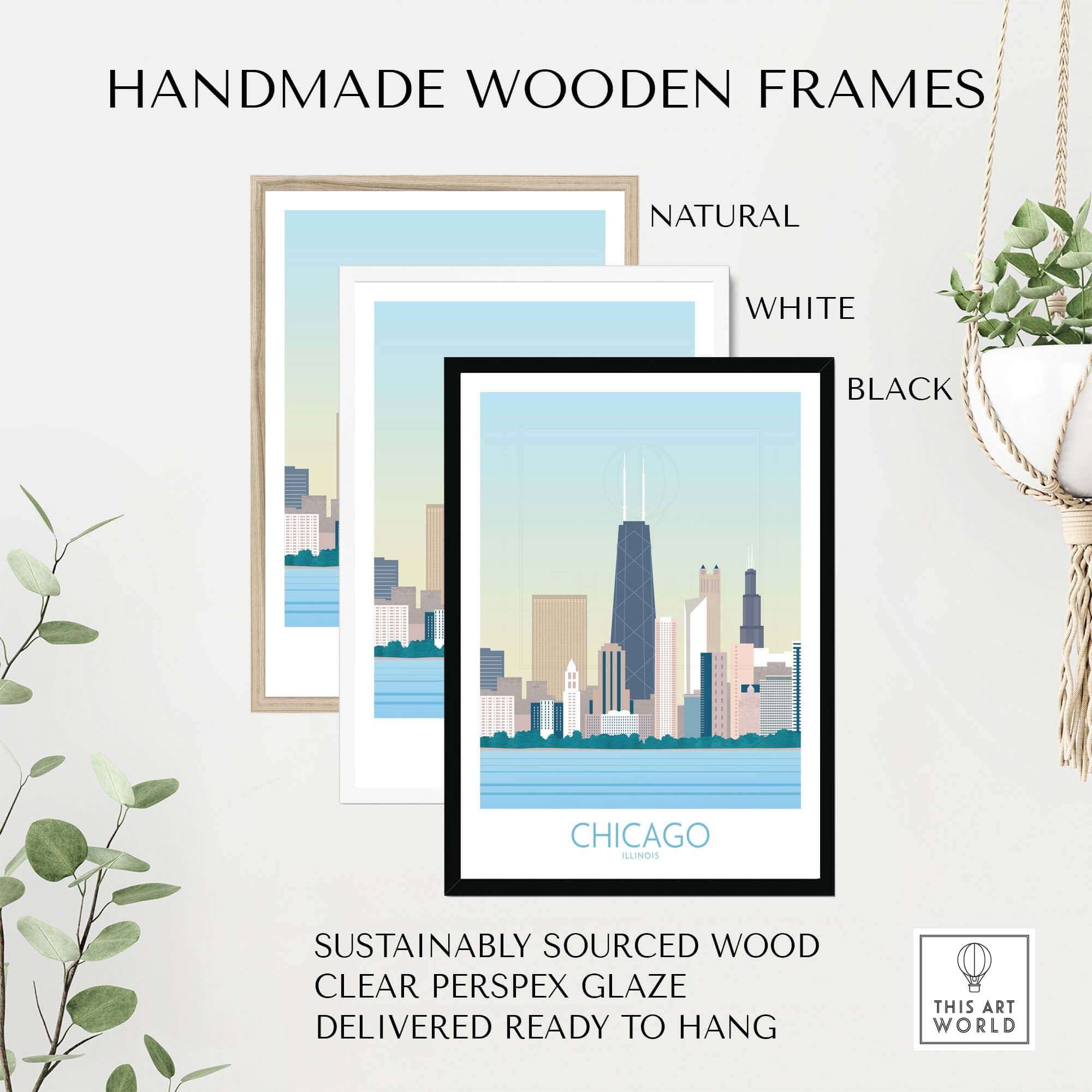 Chicago Skyline Print in handmade wooden frames, featuring natural, white, and black options, ready to hang for stylish home decor.