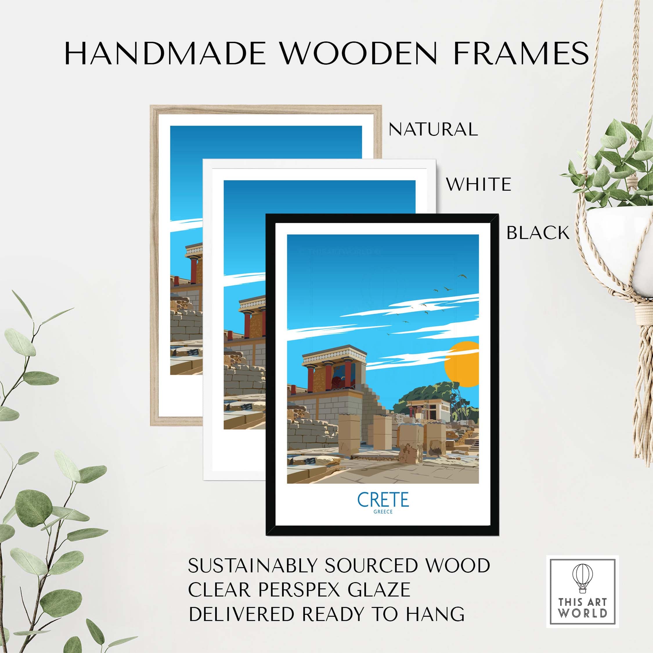 Handmade wooden frames in natural, white, and black for Crete wall art print, sustainably sourced and ready to hang.