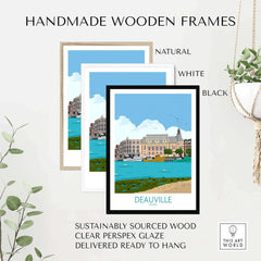 Handmade wooden frames in natural, white, and black for Deauville Travel Poster Print, sustainably sourced and ready to hang.