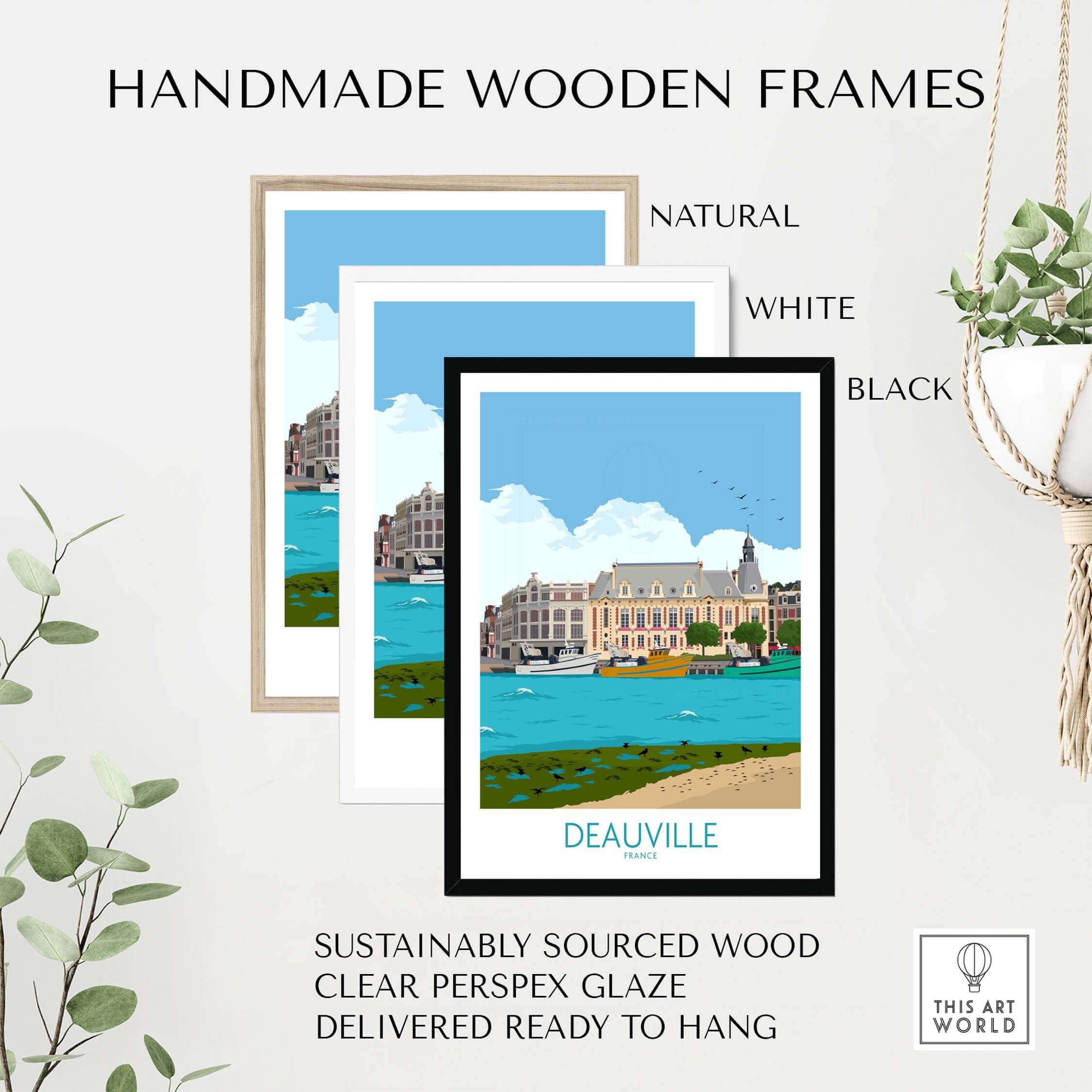 Handmade wooden frames in natural, white, and black for Deauville Travel Poster Print, sustainably sourced and ready to hang.