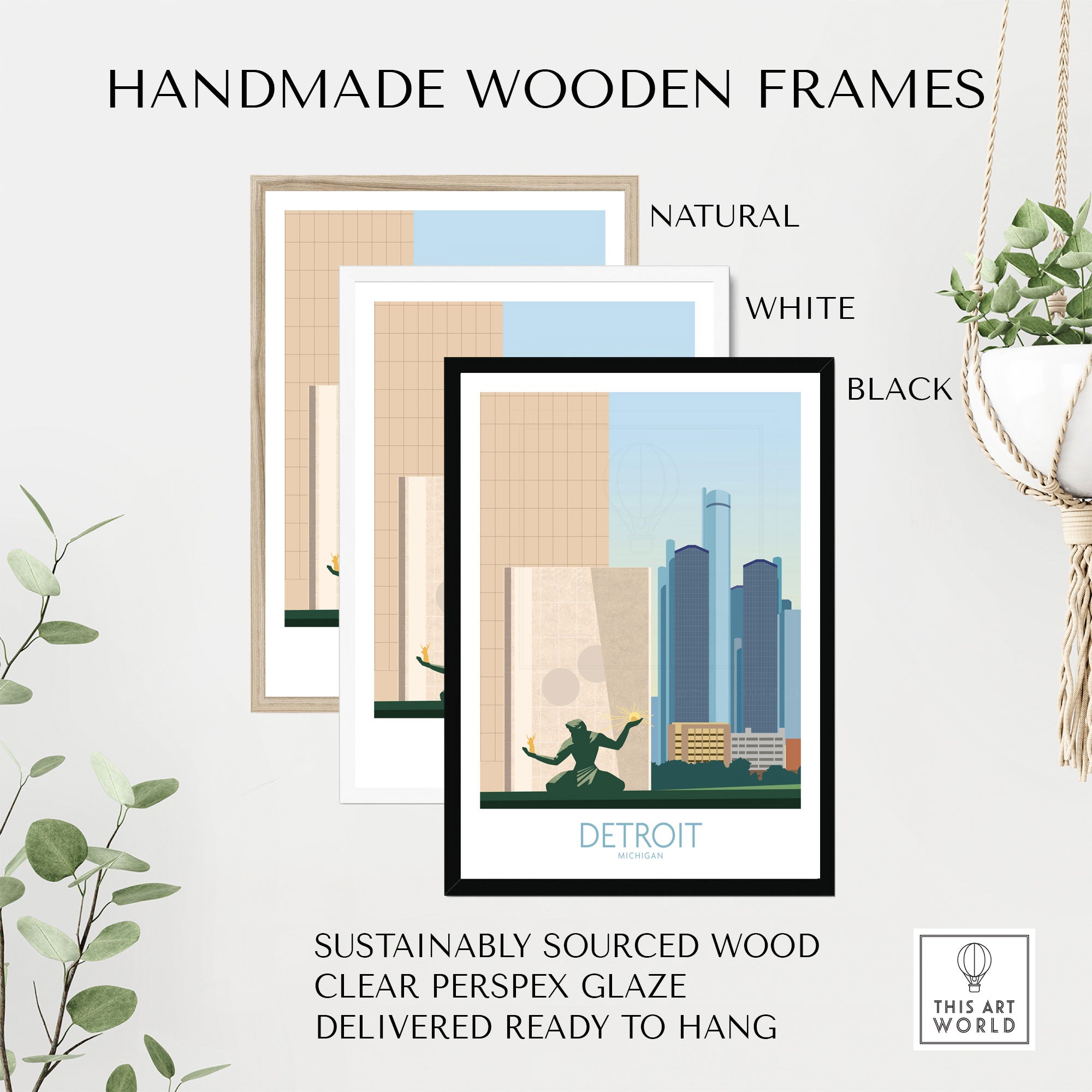 Handmade wooden frames in natural, white, and black for Detroit wall art print; sustainably sourced and ready to hang.