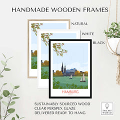 Handmade wooden frames for Hamburg Germany wall art print in natural, white, and black options. Sustainable and ready to hang.
