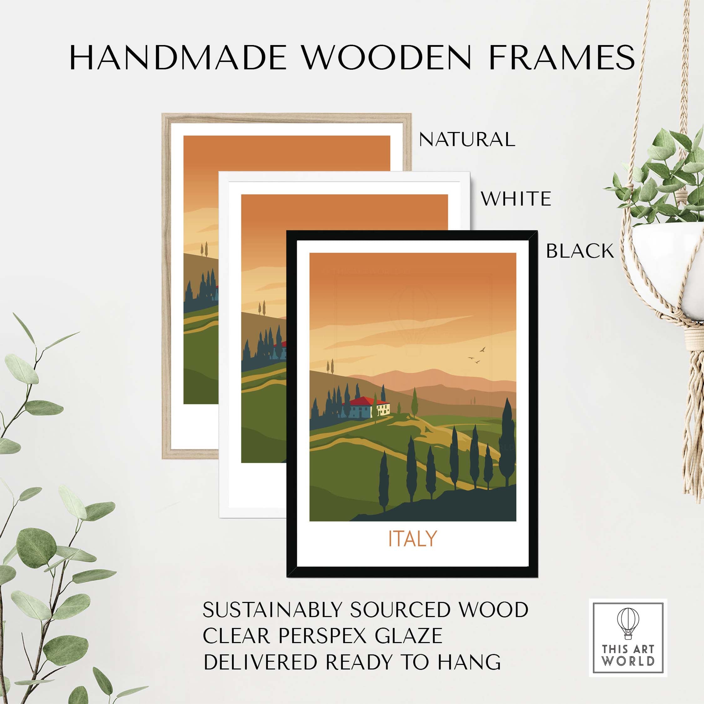 Handmade wooden frames in natural, white, and black for Italy wall art prints, sustainably sourced and ready to hang.