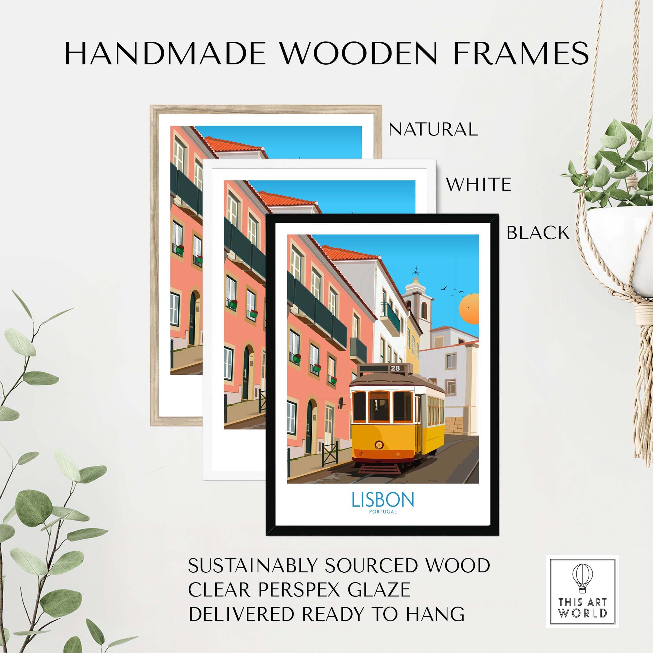 Handmade wooden frames in natural, white, and black options for Lisbon wall art print, sustainably sourced and ready to hang.