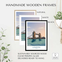 Handmade wooden frames in natural, white, and black colors for London wall art print, sustainably sourced and ready to hang.