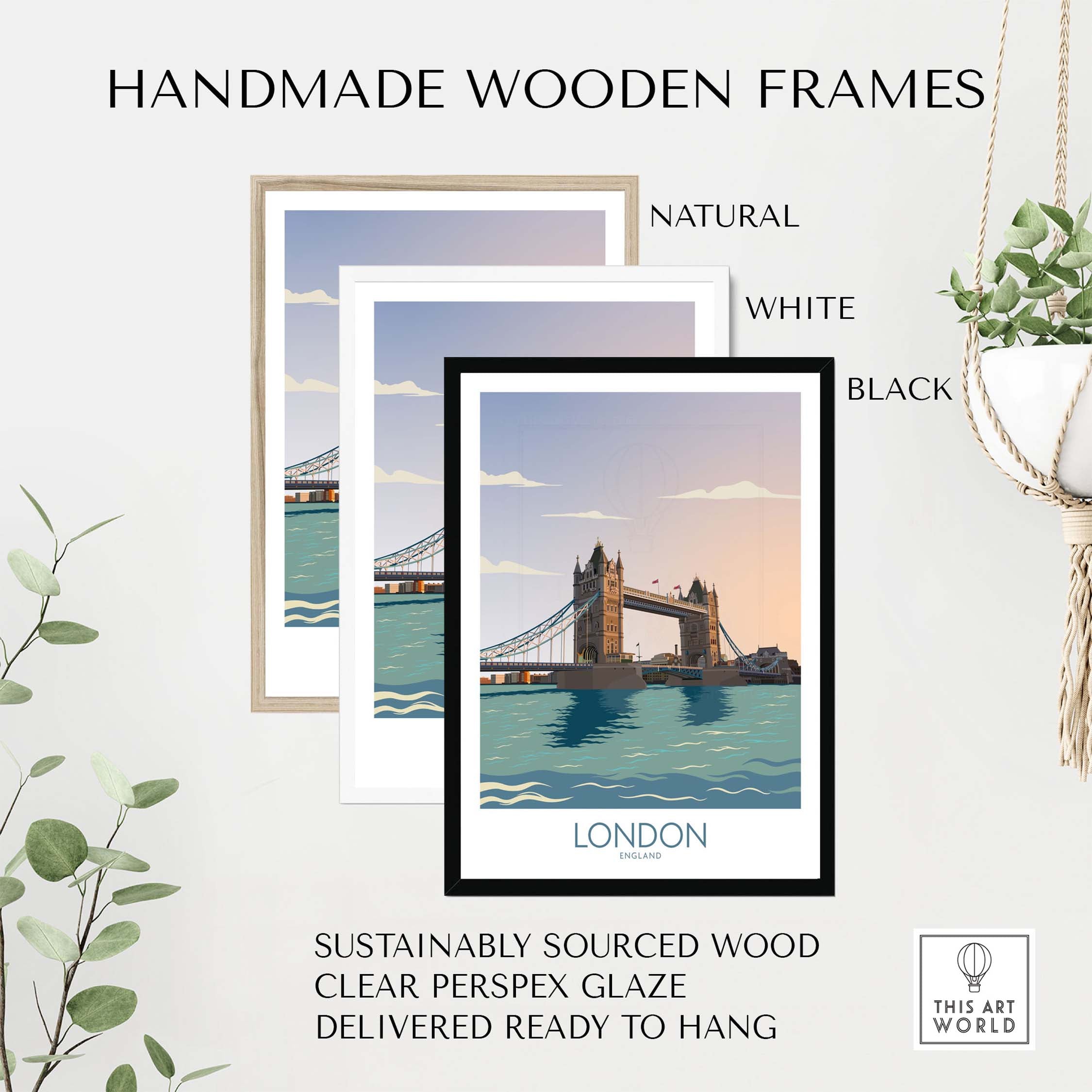 Handmade wooden frames in natural, white, and black colors for London wall art print, sustainably sourced and ready to hang.