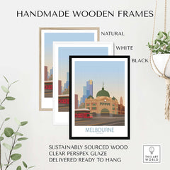 Handmade wooden frames in natural, white, and black for Melbourne poster art, sustainably sourced and ready to hang.
