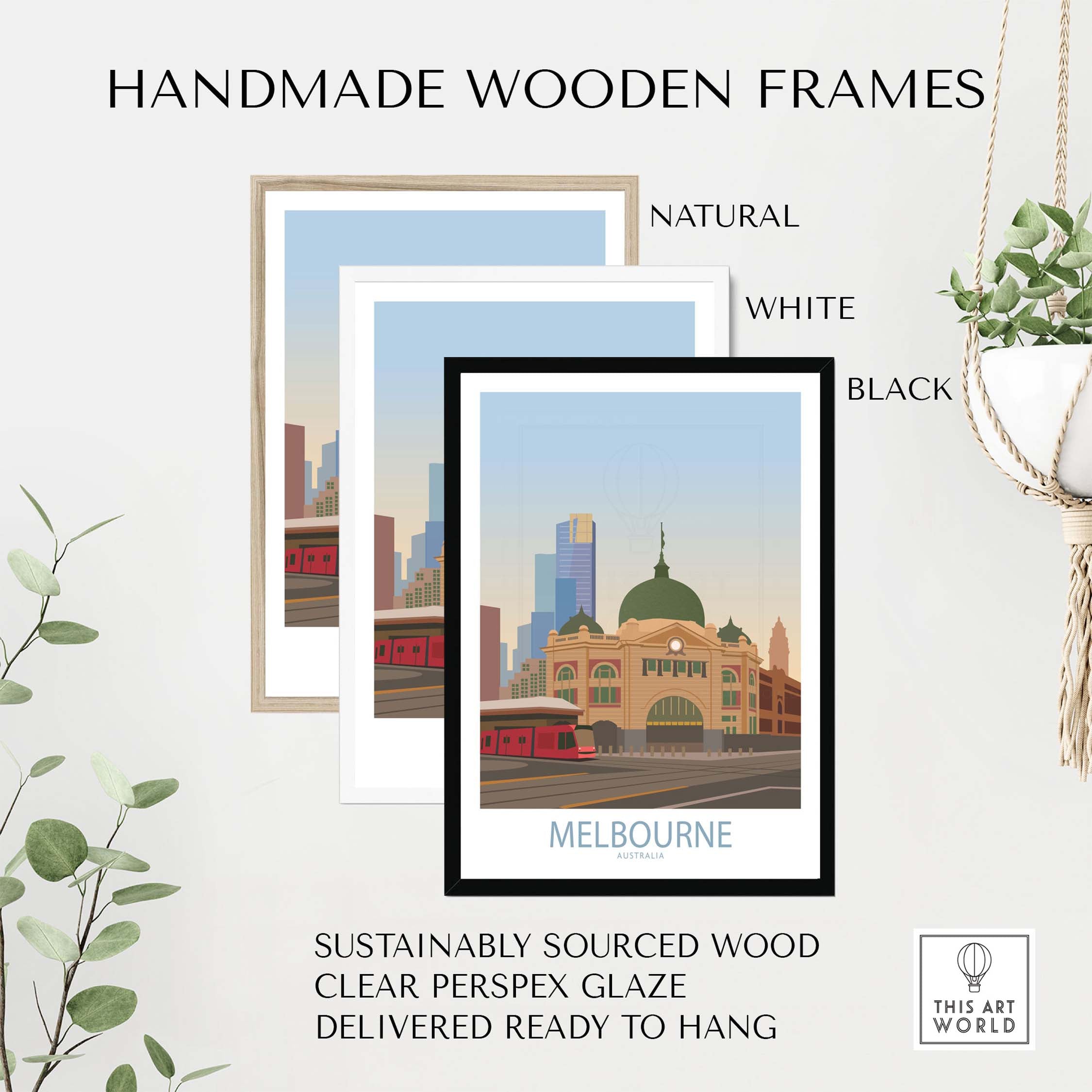 Handmade wooden frames in natural, white, and black for Melbourne poster art, sustainably sourced and ready to hang.