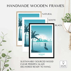 Handmade wooden frames in natural, white, and black styles for Miami wall art prints, ready to hang.