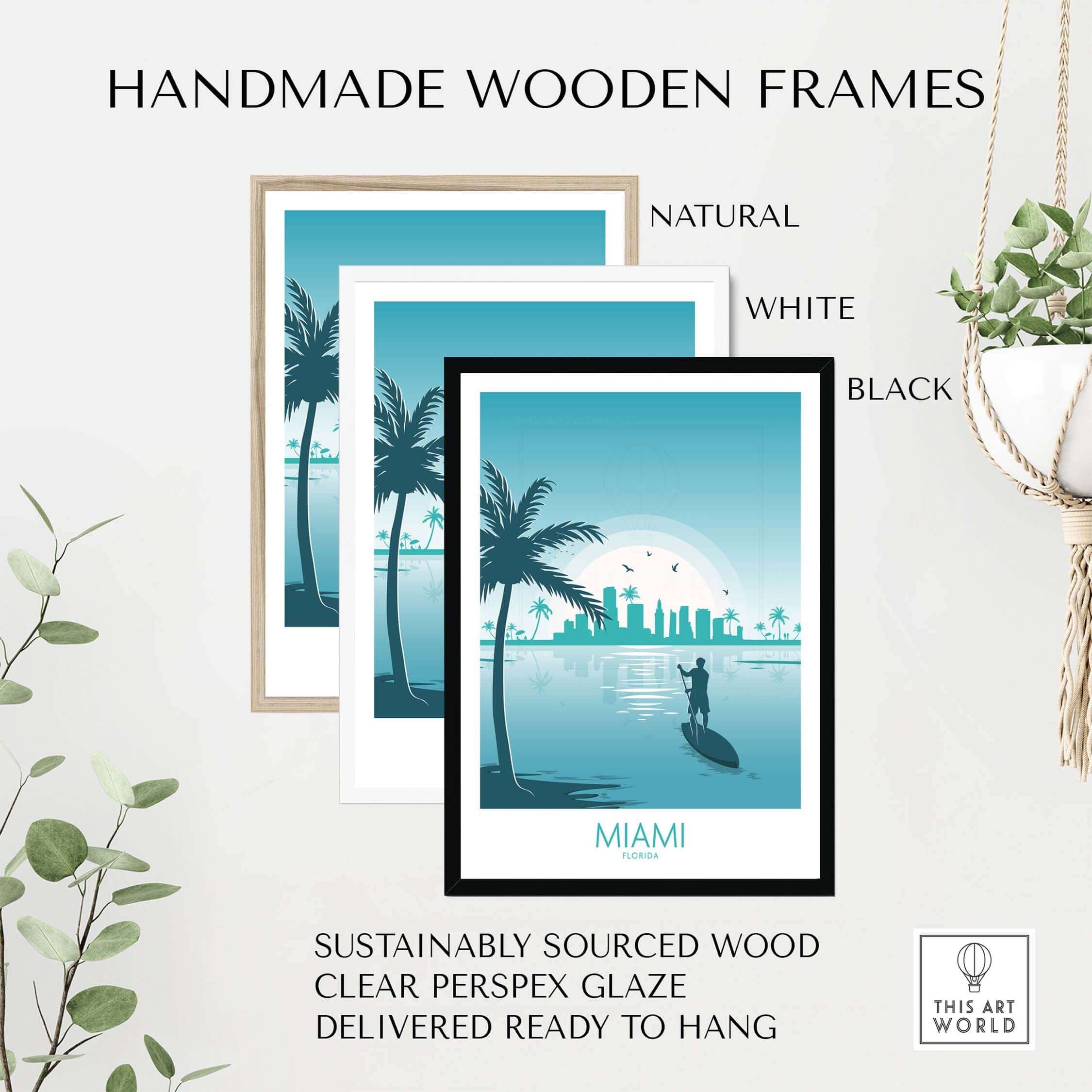 Handmade wooden frames in natural, white, and black styles for Miami wall art prints, ready to hang.