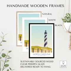 Handmade wooden frames in natural, white, and black for North Carolina Wall Art prints, sustainably sourced and ready to hang.
