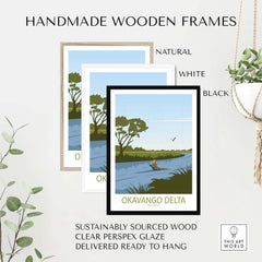 Handmade wooden frames in natural, white, and black for Okavango Delta poster, made from sustainably sourced wood.