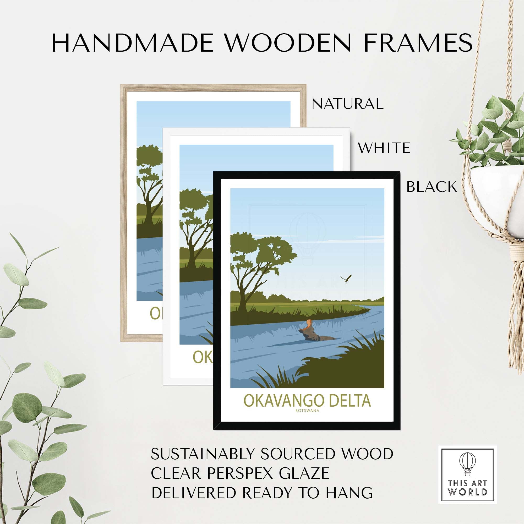 Handmade wooden frames in natural, white, and black for Okavango Delta poster, made from sustainably sourced wood.