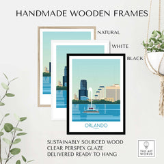 Orlando Wall Art Print displayed in natural, white, and black handmade wooden frames.