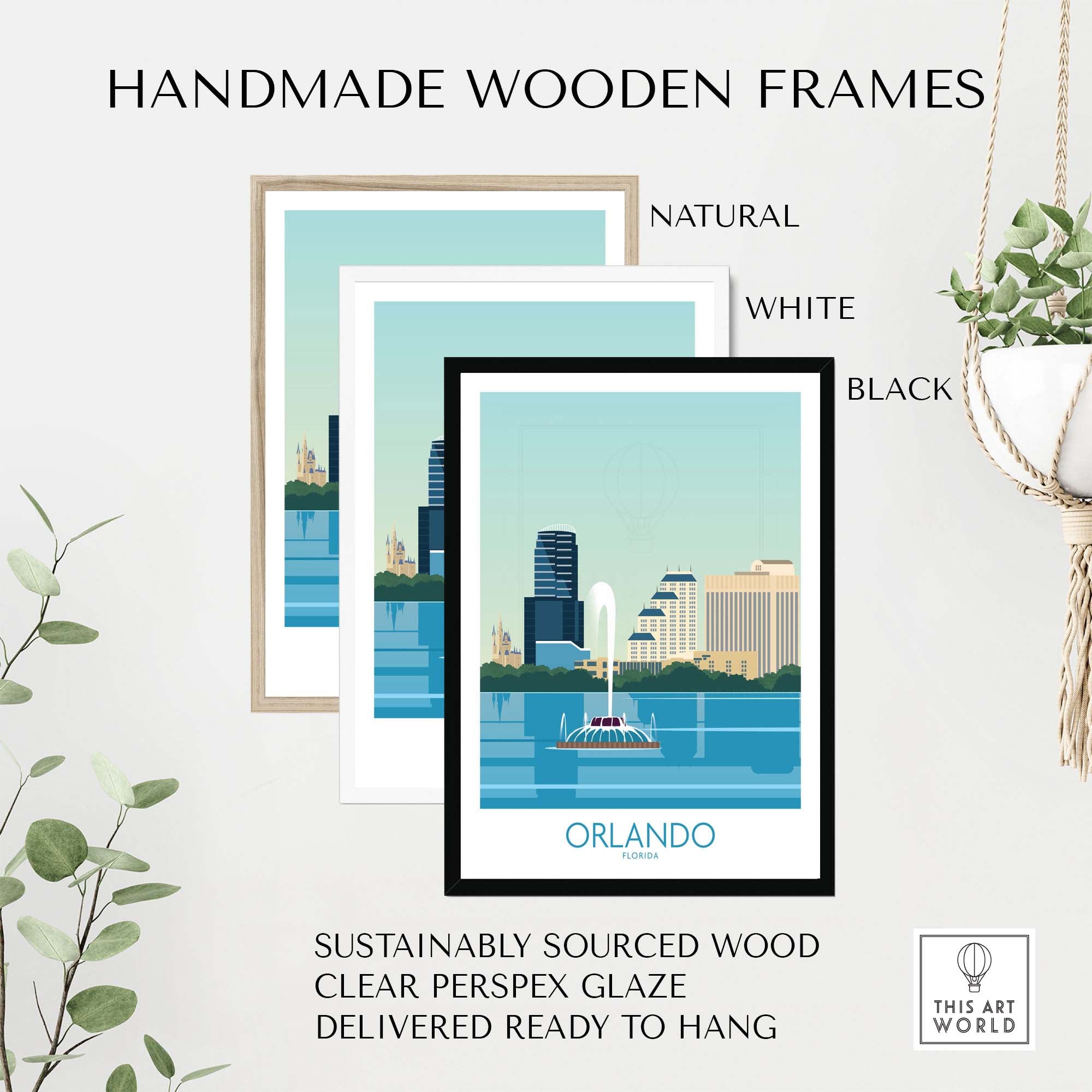 Orlando Wall Art Print displayed in natural, white, and black handmade wooden frames.